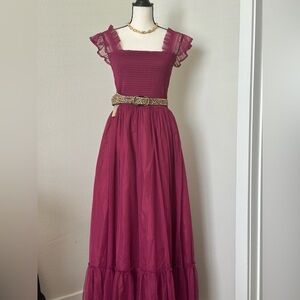 MELLODAY Ruffle-Trim Berry Maxi Dress with Leopard Belt